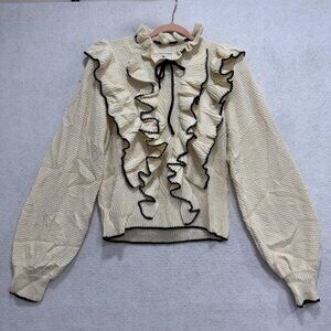 Stellah New York Sweater Womens Medium Ivory Black Ruffle Tie Neck Knit Top